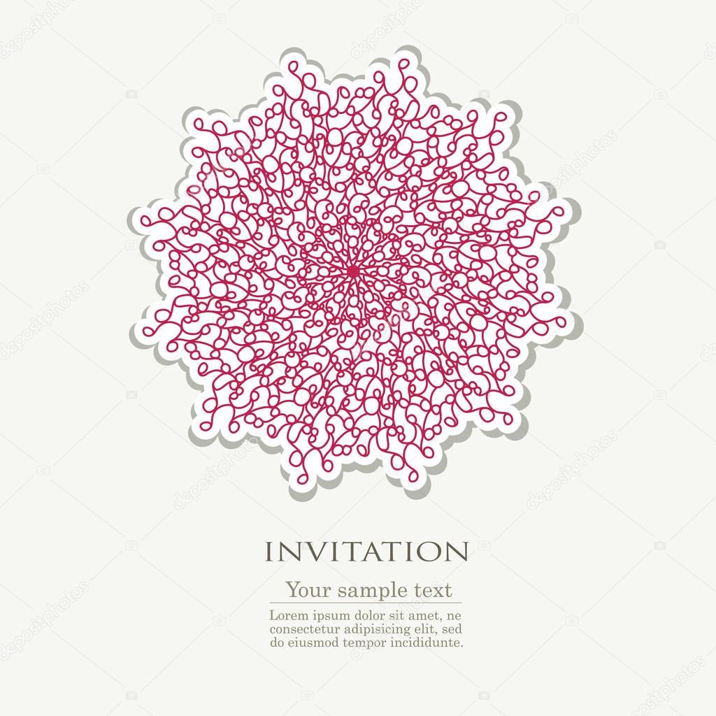 Invitation with crimson mandala in form of flower on light background, vector illustration in abstract style