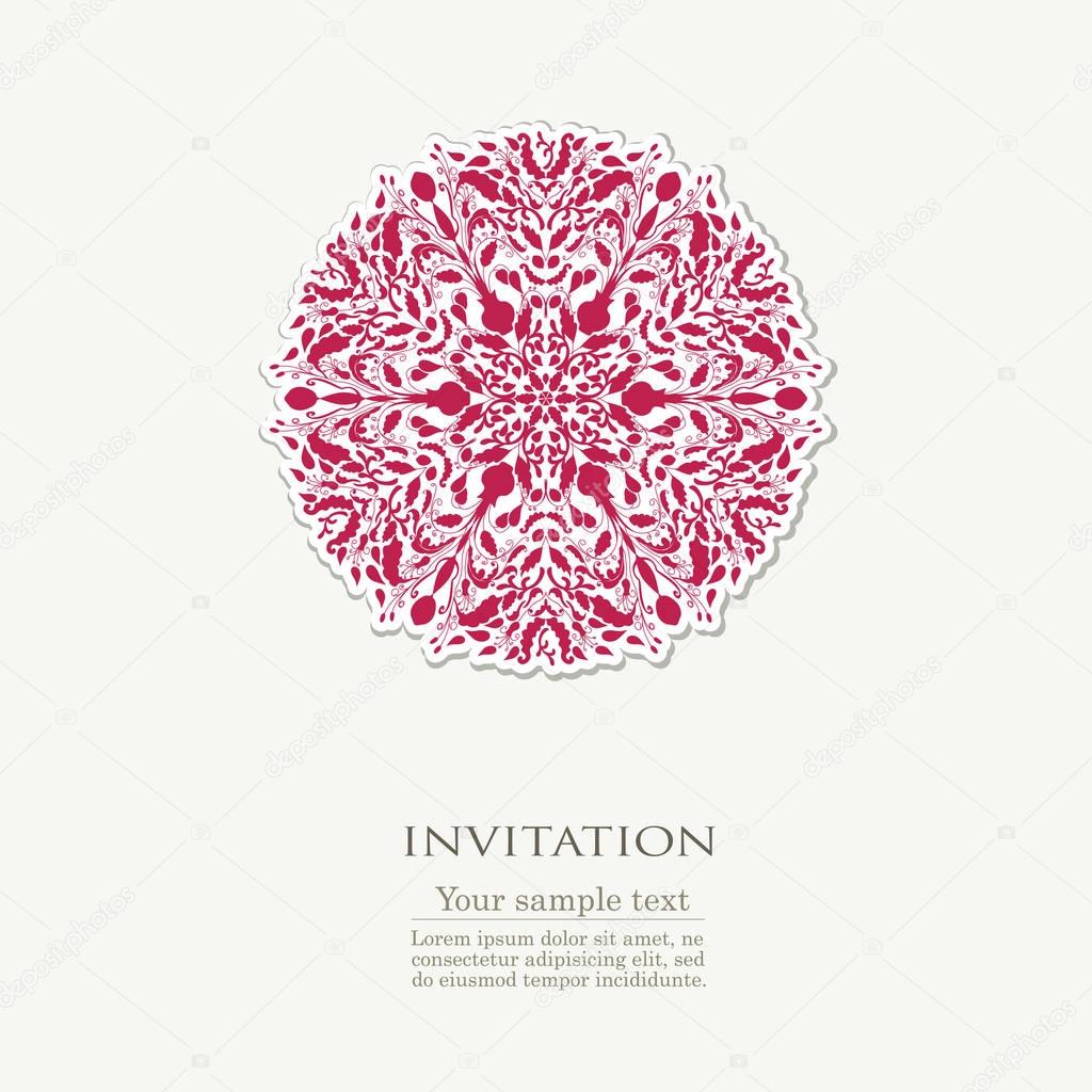 Invitation card with red round embroidery with element of design. Vector illustration