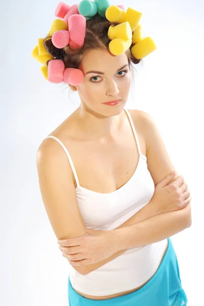 Young Woman Curlers Her Head — Stock Photo, Image