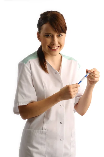 Portret Szczęśliwego Asystenta Medycznego Termometrem — Zdjęcie stockowe
