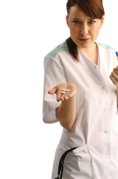 Portrét Šťastné Lékařské Asistentky Třemi Tabletami Ruce Stetoskopem Kapse — Stock fotografie