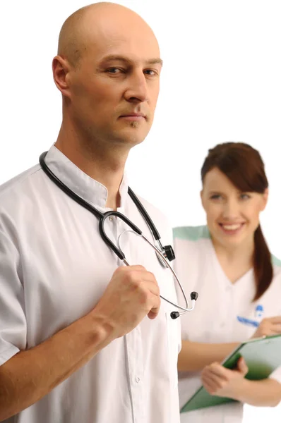 Två Medicinska Assistenter Med Anteckningar Och Stetoskop — Stockfoto