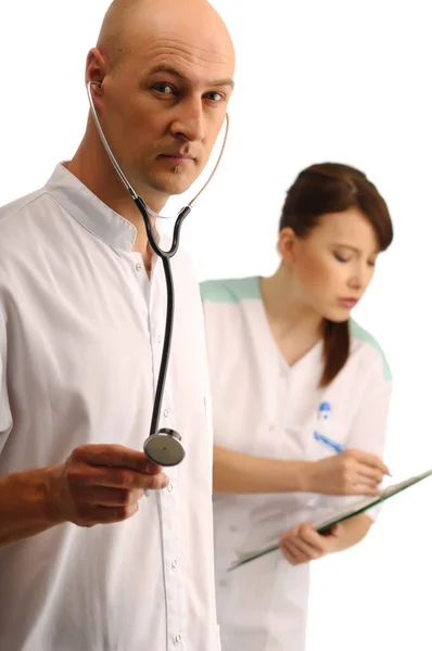 Due Assistenti Medici Con Appunti Stetoscopio — Foto Stock