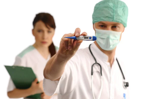 Arzt Maske Und Mütze Mit Stethoskop Und Thermometer Junge Krankenschwester — Stockfoto