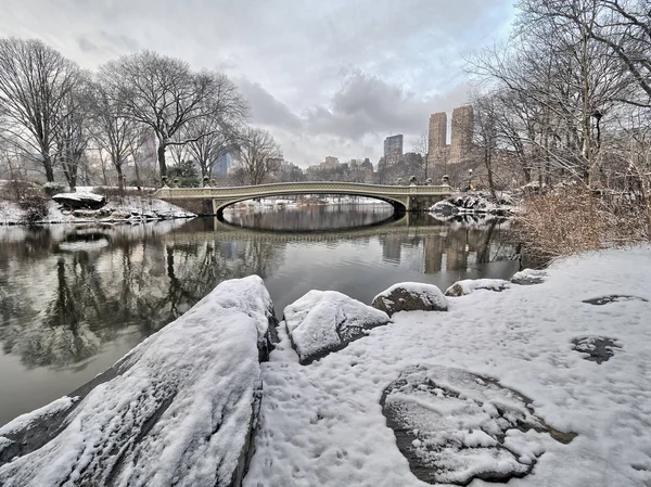 Klanět se Central Park luk most po sněhové bouři — Stock fotografie