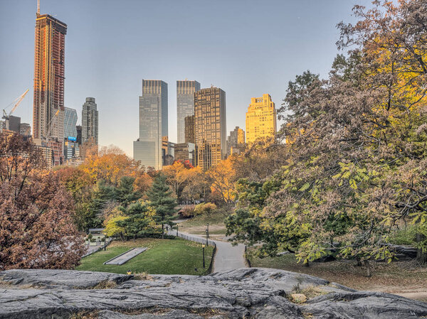 Central Park, New York City view of citiscape early morning in autumn