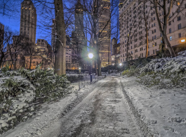 Central Park, New York City at night after snow storm
