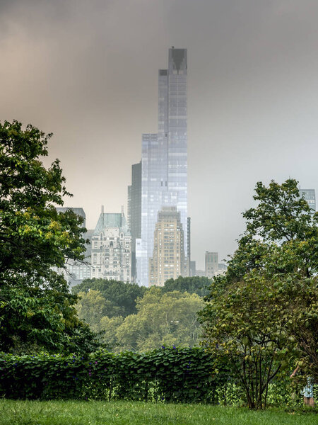 Central Park, New York City on foggy day in summer
