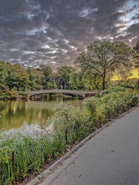 Central Park, New York City, öbür tarafa The Lake bulunan bir dökme demir köprü yay köprüdür 