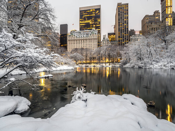 Central Park, New York City during winter snow storm