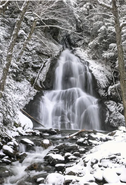 Moss Glen falls in winter after snow storm with everything frozen