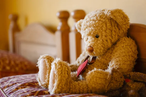 Sad teddy bear on a bed — Stock Photo, Image