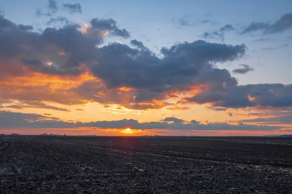 Humus bakımından zengin kara topraklarla Tarım Alanı 'nın üzerinde gün batımı