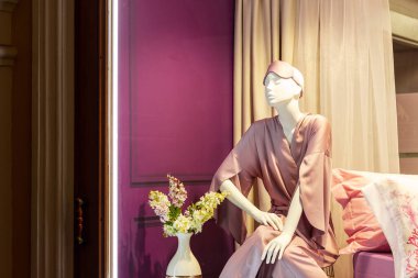 Vitrin mankeni uyku giysileri. Alışveriş lüksü ve moda gece kıyafeti.