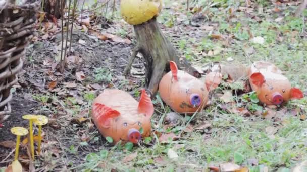 Tre Maialini Nel Giardino Decorazione Giocattoli Piggy Cortile — Video Stock