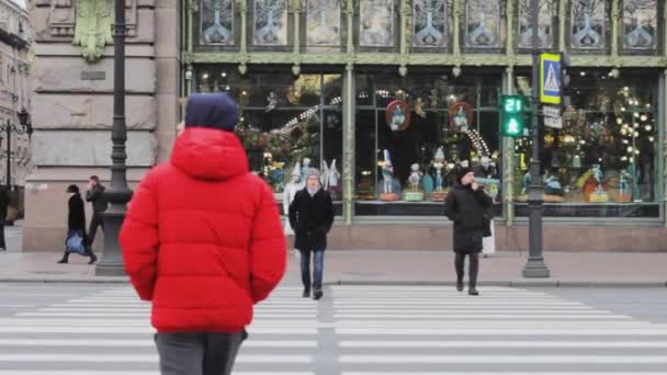 歩行者交差点とストリートパフォーマーのエリザベト エンポリアムサンクトペテルブルク ネフスキーの中心部 — ストック動画