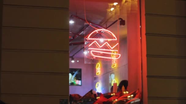 Hamburger Neon Vitrine Cafetaria Raam Teken Muur Teken Ontwerp Verlicht — Stockvideo