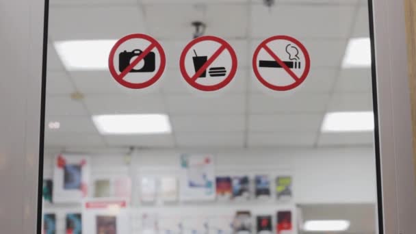 Verbod Tekent Geen Foto Geen Eten Niet Roken Stickers Winkel — Stockvideo