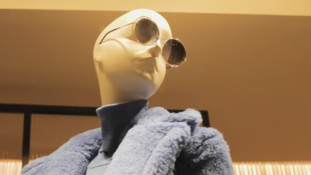 穿着蓝色仿制皮夹克和圆形眼镜的人体模特 时尚环保皮毛购物 — 图库视频影像