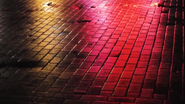Відображення Кольорових Вогнів Тротуарі Вночі Блискуча Брукована Неонова Вулиця — стокове відео