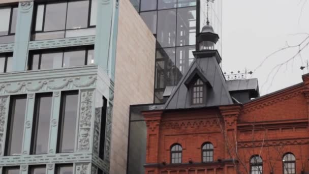 Old New Architecture Brick Tower Weather Vane Glass Office Tower — Stock Video