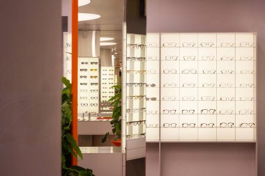 Optik mağazası. Gözlük ve aksesuarlar. showcase ürün seçimi gözlükleriName