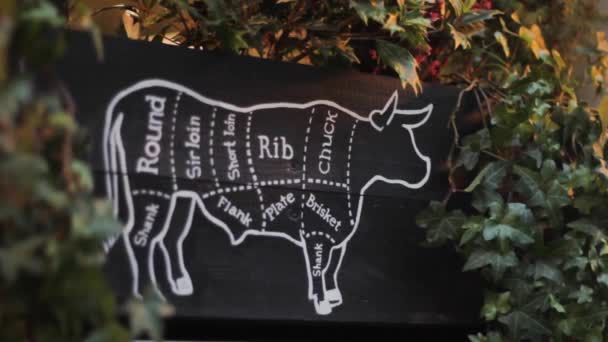 Steakfleischteile Eines Bullen Restaurant Barbecue Grill Vitrine Cuisine Beef Diagramm — Stockvideo