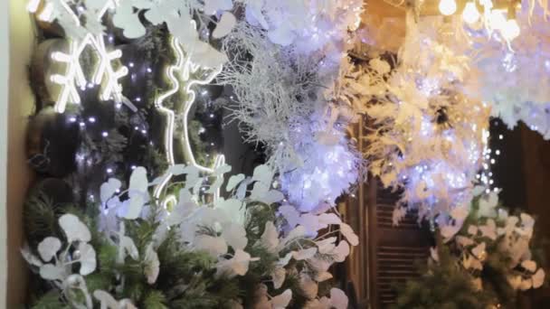 Χριστουγεννιάτικη Διακόσμηση Λουλούδια Εξωτερικό Φωτεινό Ελάφι Και Χιόνι Χειμώνα — Αρχείο Βίντεο