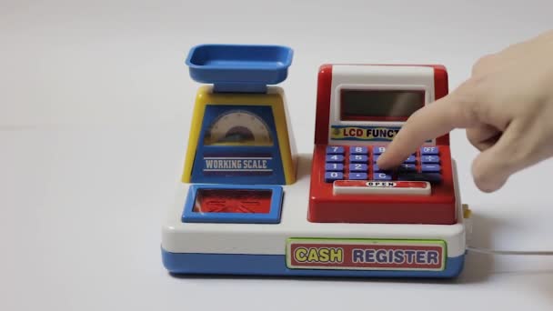 Caixa Registradora Com Dinheiro Isolado Brinquedo Fatura Pagamento Compra — Vídeo de Stock