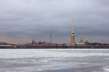 St. Petersburg is a front view of the Peter and Paul fortress winter