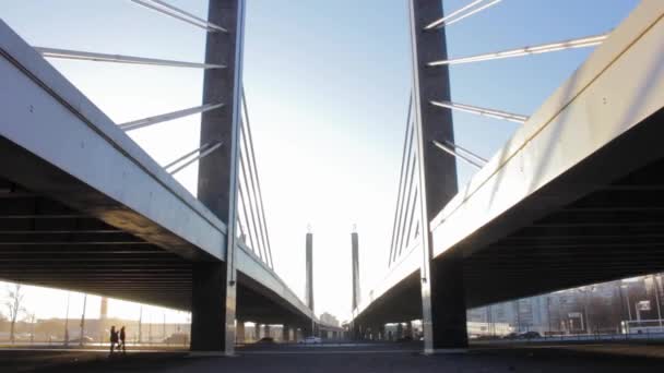 Cable Stayed Bridge Perspective Sunset Architecture Engineering Urban Pylon — Stock Video