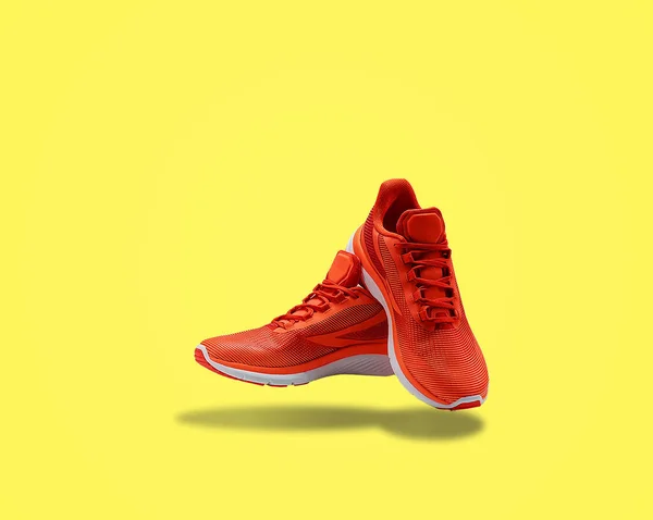 Orange Sneakers Sport Footwear Training Shopping Yellow Background — Stock Photo, Image