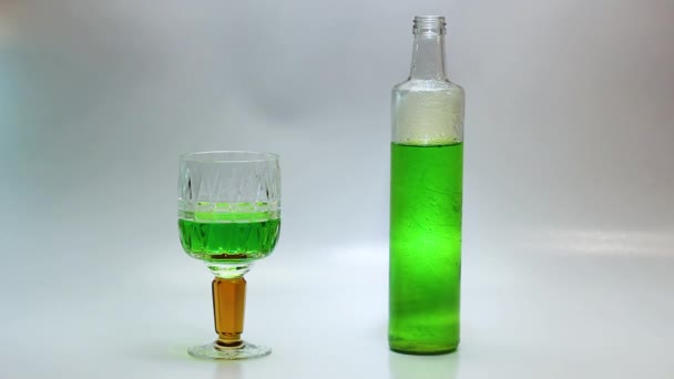 Glass Bottle Authentic Cup Fresh Green Liqueur Drink — Stock Video