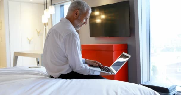 Mature Businessman Using Laptop Hotel Room — Stock Video