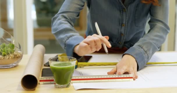 Architecte Féminine Travaillant Sur Plan Dans Bureau — Video