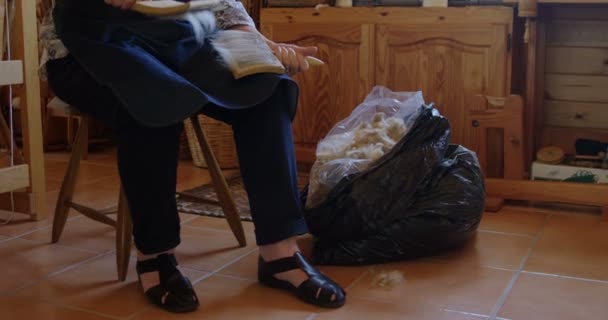 Seniorów Szczotkowanie Miąższ Wełnianych Nici Szczotkami Warsztacie — Wideo stockowe