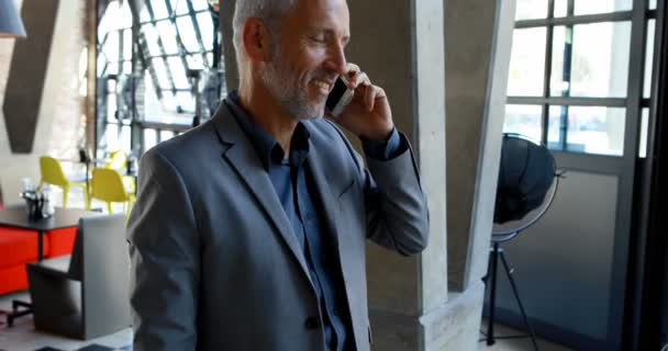 Зрелый Бизнесмен Разговаривает Мобильному Телефону Отеле — стоковое видео
