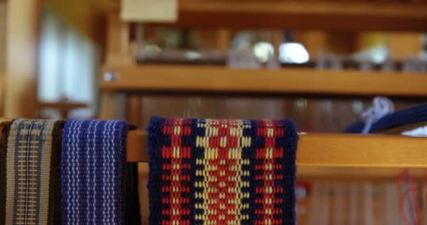 Different Types Woollen Fabric Kept Stand Workshop — Stock Video