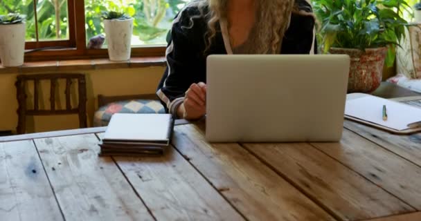 Attente Volwassen Vrouw Met Behulp Van Laptop Bij Huis — Stockvideo