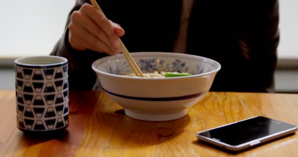 Mid Section Woman Having Noodles Restaurant — Stock Video