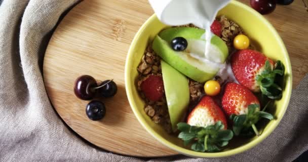 Close Milk Being Poured Healthy Breakfast — Stock Video