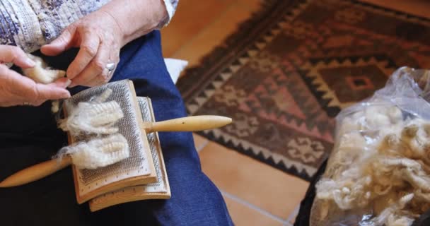 Senior Woman Placing Woolen Yarn Brush Workshop — Stock Video