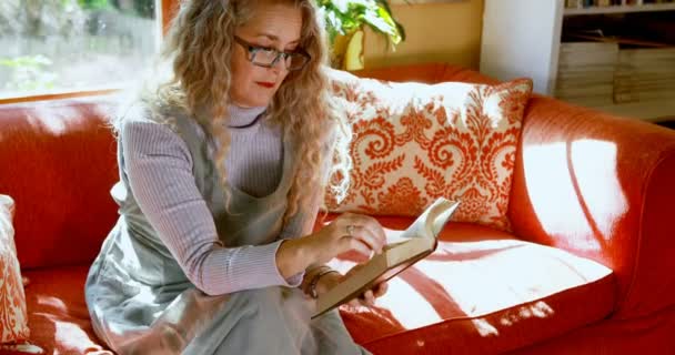 Зрелая Женщина Читает Книгу Гостиной Дома — стоковое видео