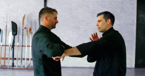 Combatientes Kung Practicando Artes Marciales Gimnasio — Vídeo de stock
