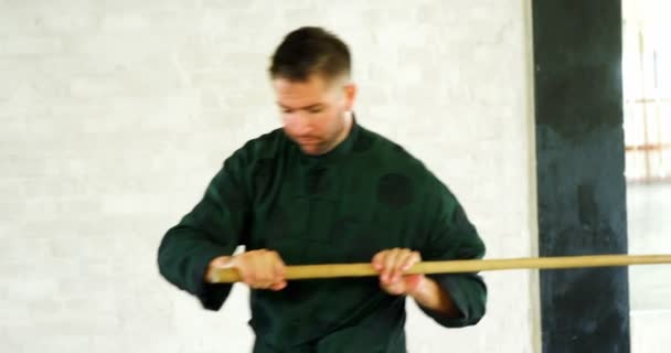 Kung Fighter Practicing Martial Arts Whip Stick Fitness Studio — Stock Video