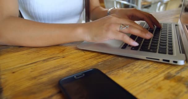 Середній Розділ Дівчини Підлітка Використовує Ноутбук Ресторані — стокове відео