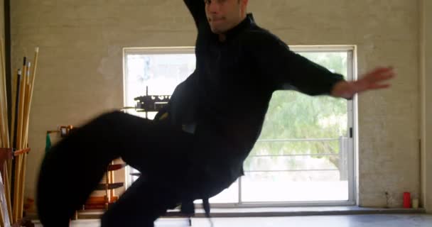 Kung Kämpfer Praktiziert Kampfkunst Fitnessstudio — Stockvideo