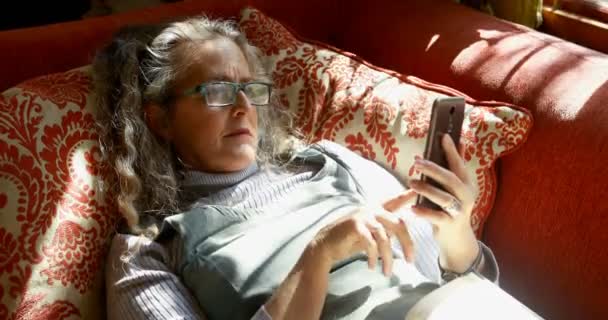 Mature Woman Using Mobile Phone Living Room Home — Stock Video