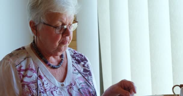 Старшая Женщина Читает Книгу Мастерской — стоковое видео