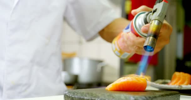 Male Chef Heating Sushi Kitchen Restaurant — Stock Video